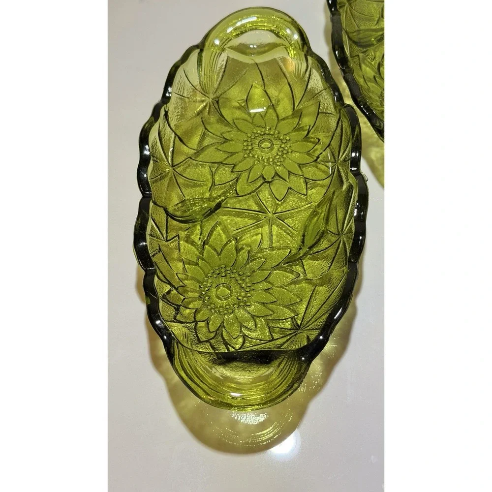 2 Avocado Green Serving  Glass Dish Sunflower Pattern Celery